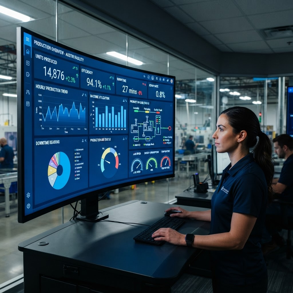 Dashboard de monitoramento industrial em tempo real com análise de KPIs e dados de produção
