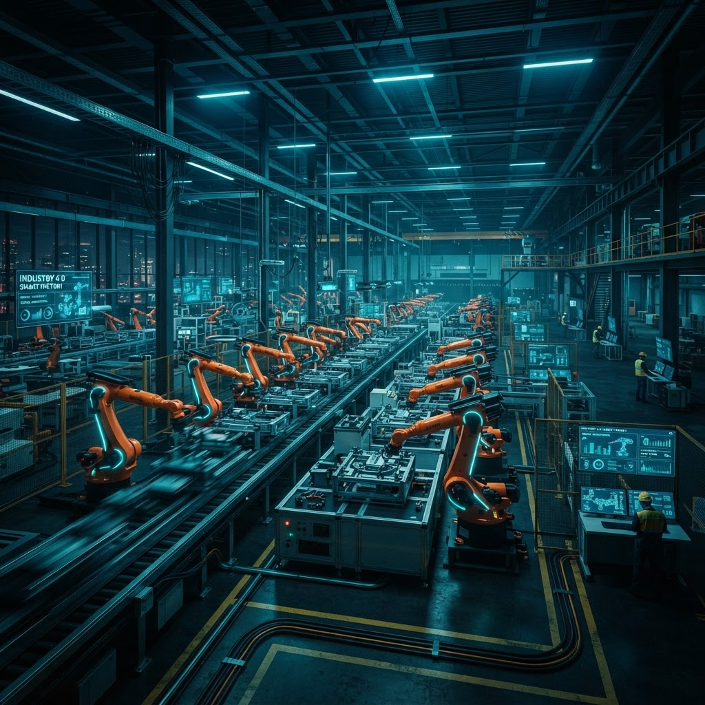 Linha de produção automatizada com robôs industriais sincronizados em fábrica inteligente