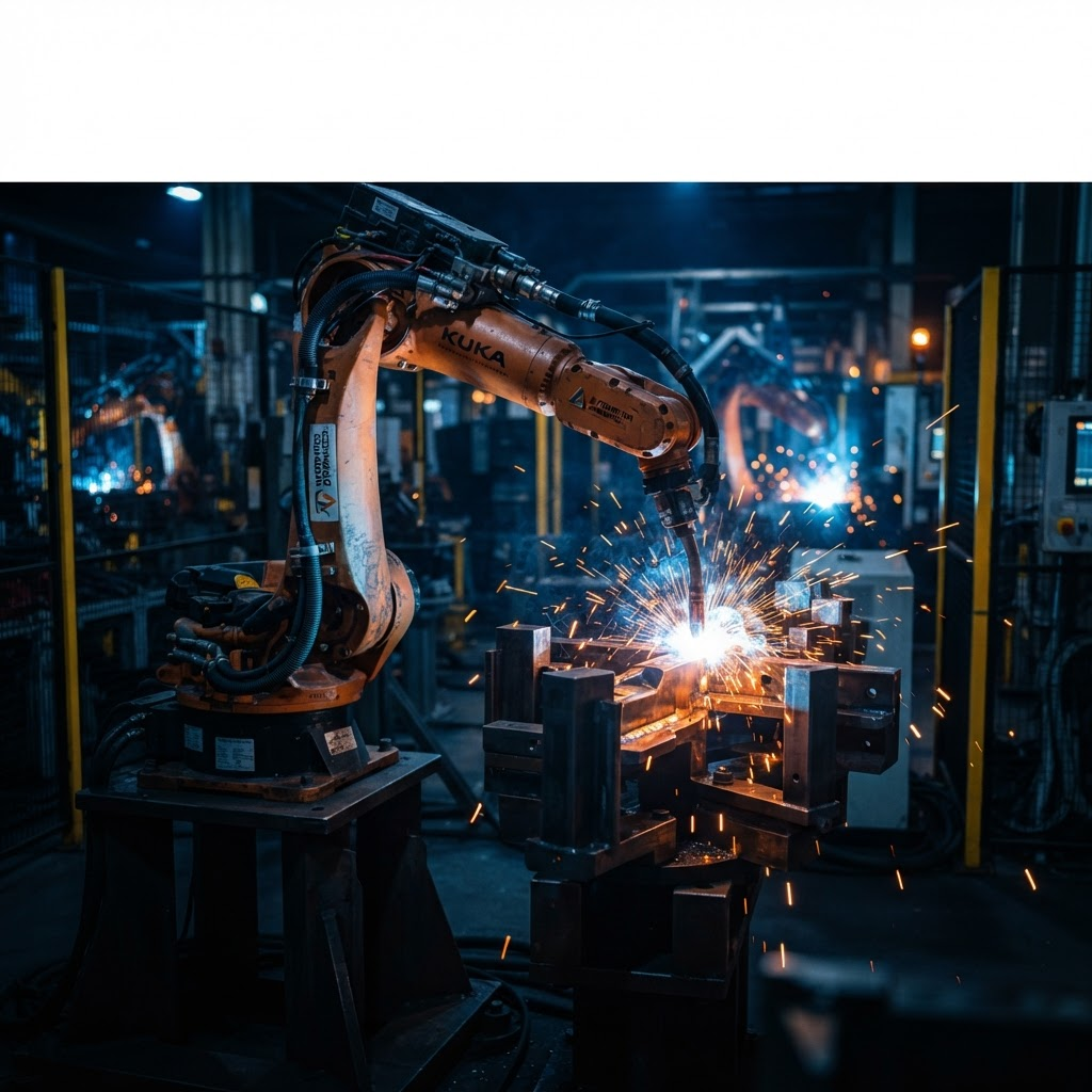 Braço robótico industrial realizando solda de precisão em fábrica automatizada
