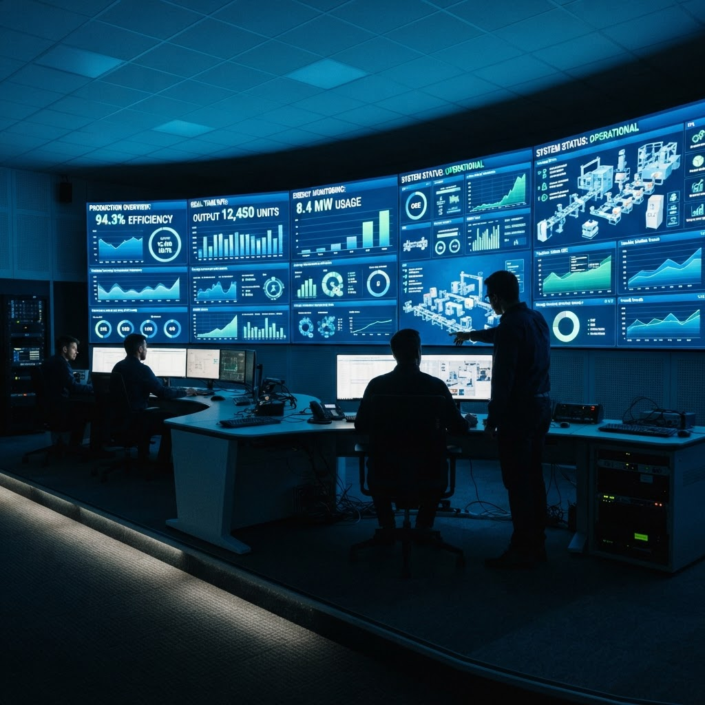 Sala de controle industrial com dashboards de BI e monitoramento energético em tempo real